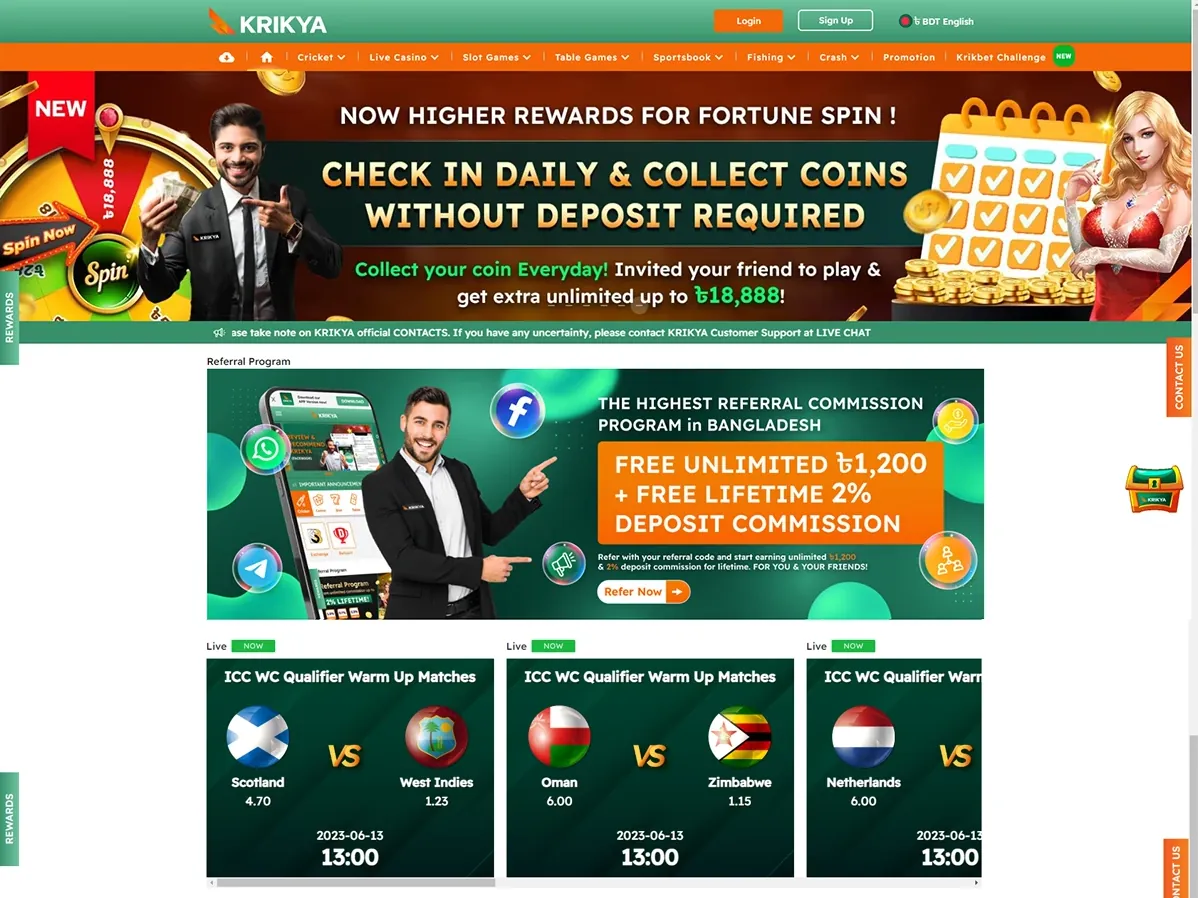 Krikya operates in Bangladesh and offers sports betting and online casino games